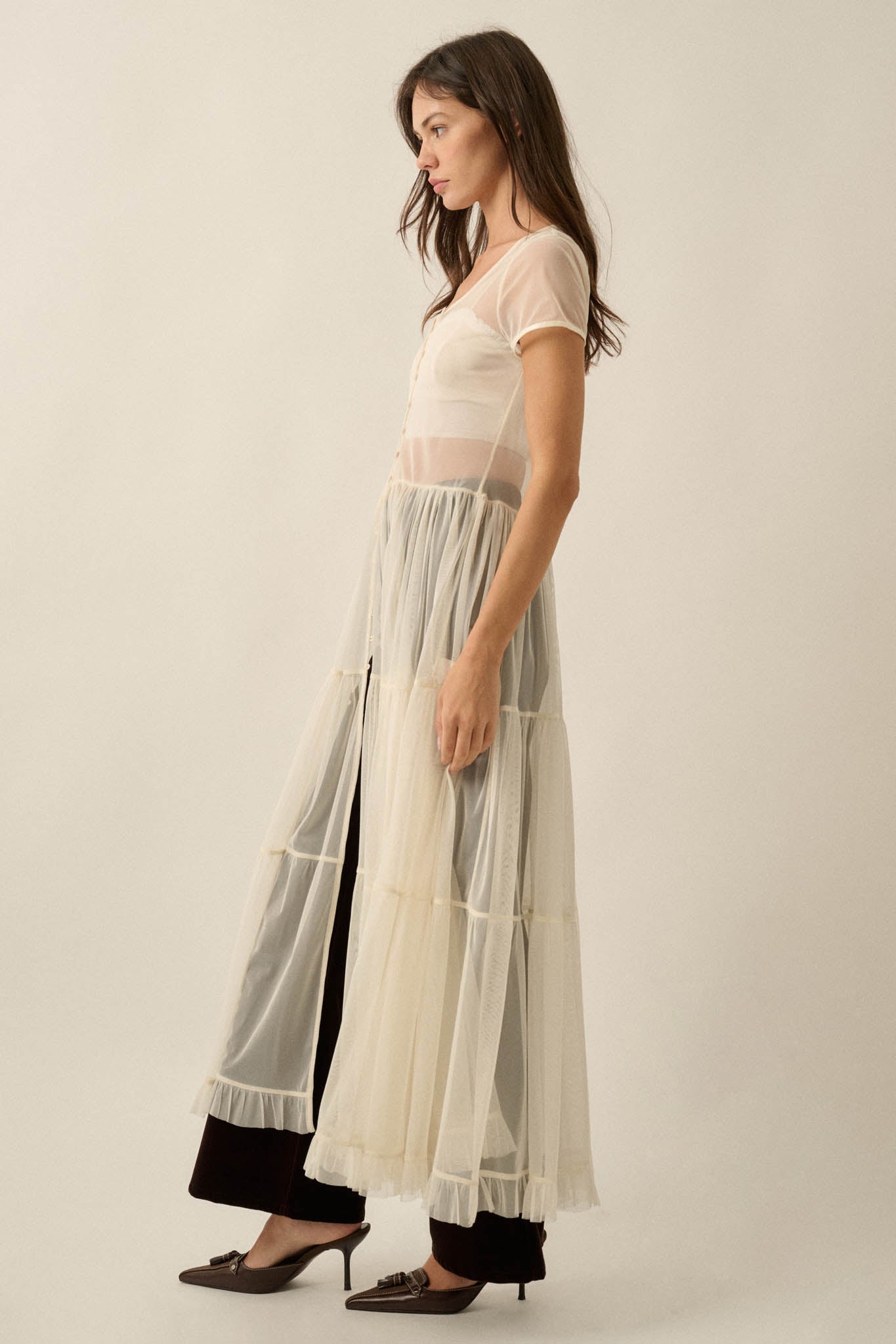 Sheer I Am Tulle Button-Up Tiered Ruffle Maxi Top - ShopPromesa