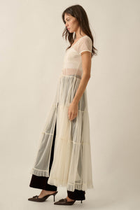 Sheer I Am Tulle Button-Up Tiered Ruffle Maxi Top - ShopPromesa