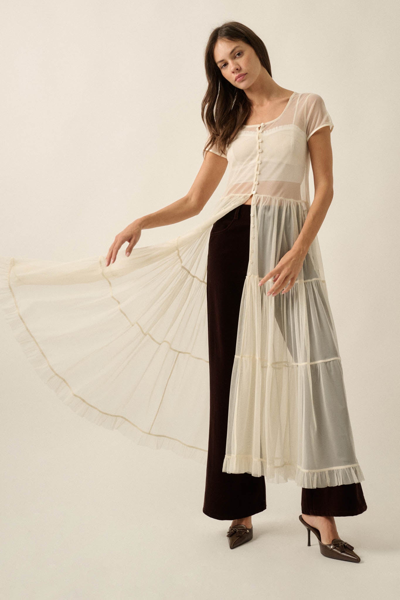 Sheer I Am Tulle Button-Up Tiered Ruffle Maxi Top - ShopPromesa