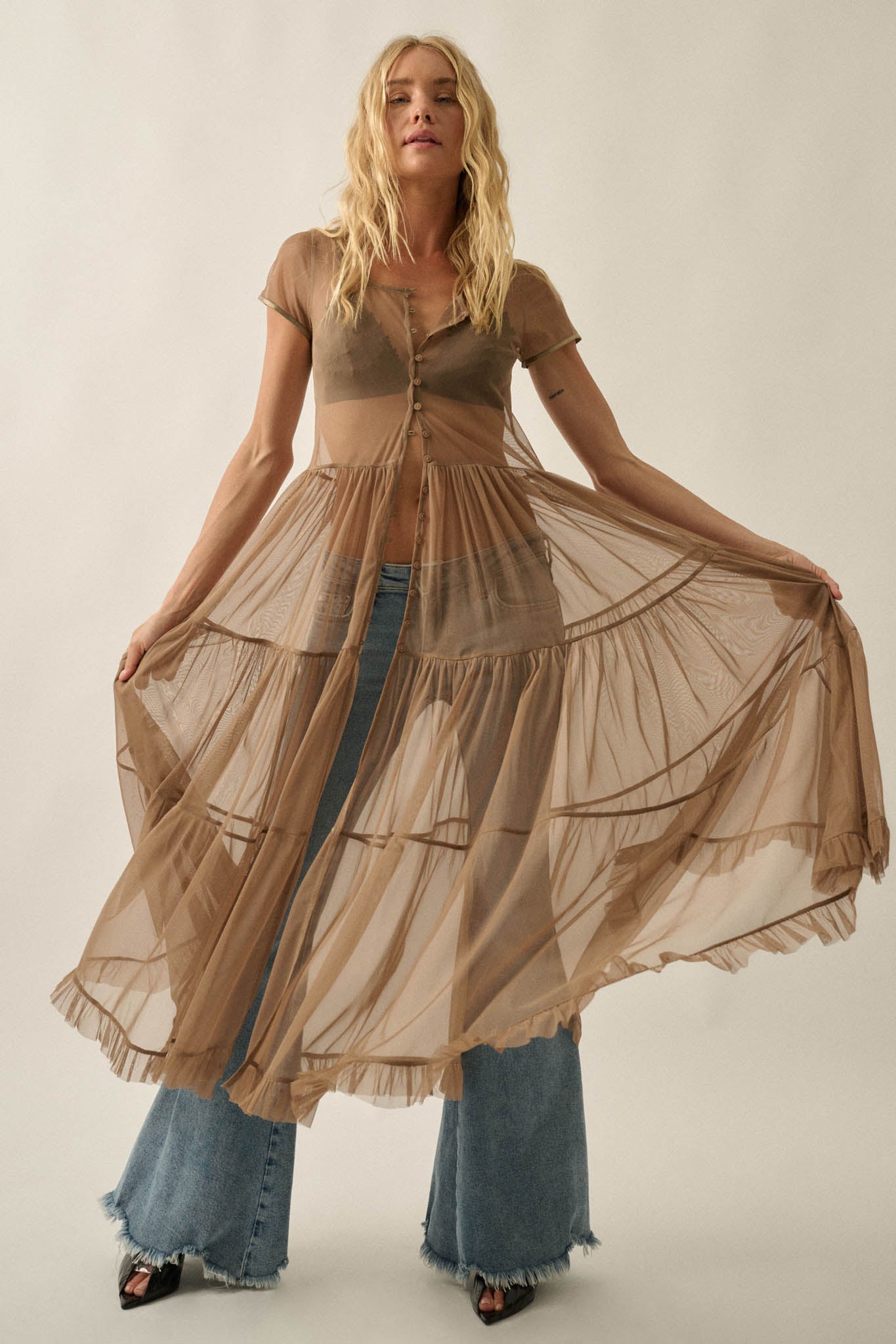 Sheer I Am Tulle Button-Up Tiered Ruffle Maxi Top - ShopPromesa