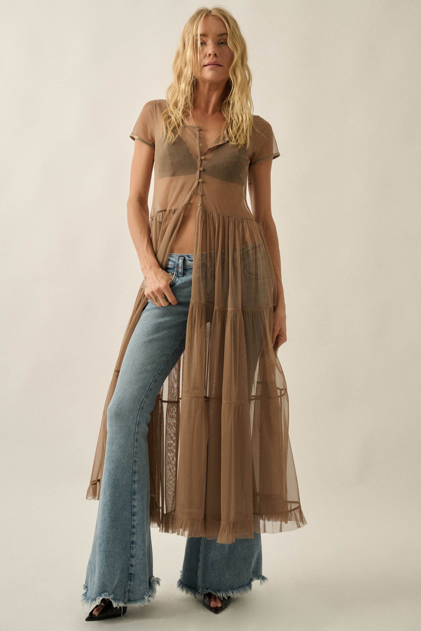 Sheer I Am Tulle Button-Up Tiered Ruffle Maxi Top - ShopPromesa