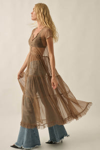 Sheer I Am Tulle Button-Up Tiered Ruffle Maxi Top - ShopPromesa