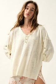 Slow Your Roll Exposed-Seam Roll-Up Henley Sweater