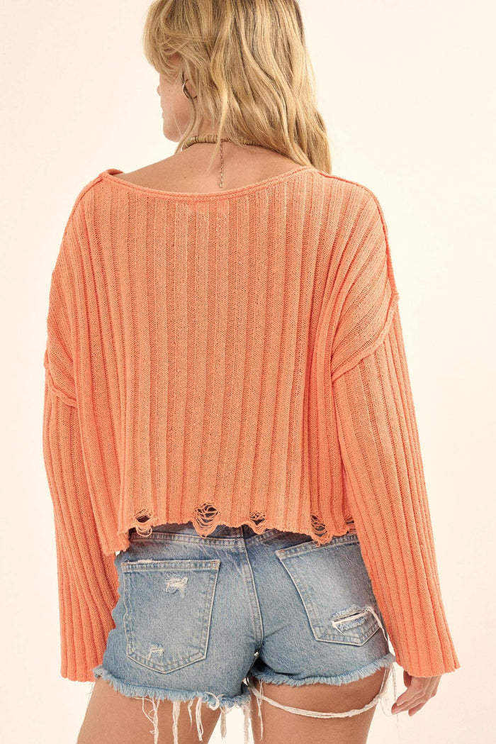 Beautifully Free Distressed Rib-Knit Sweater - ShopPromesa