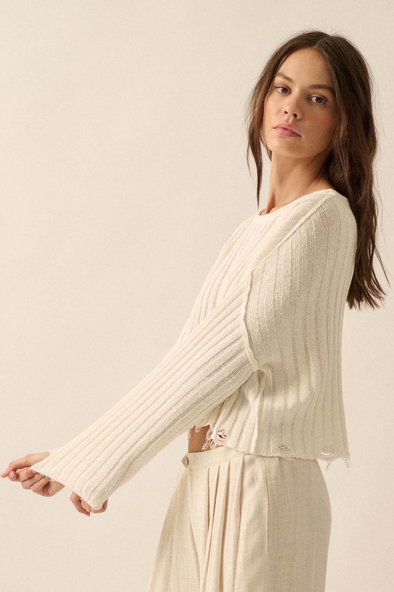 Mad Love Distressed Ribbed Knit Sweater