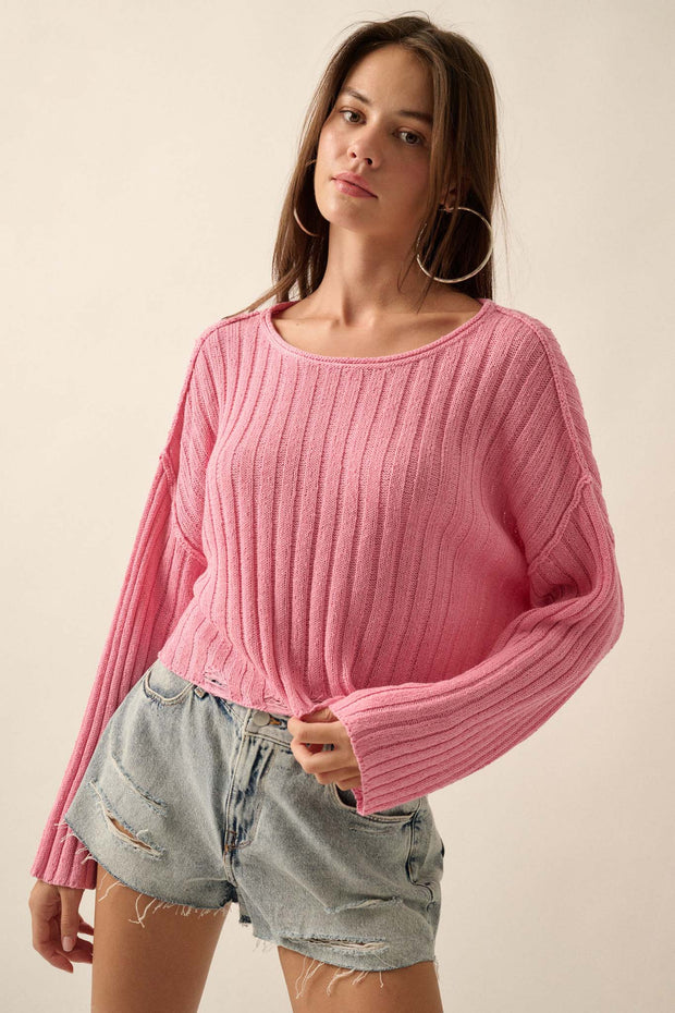 Mad Love Distressed Ribbed Knit Sweater - ShopPromesa