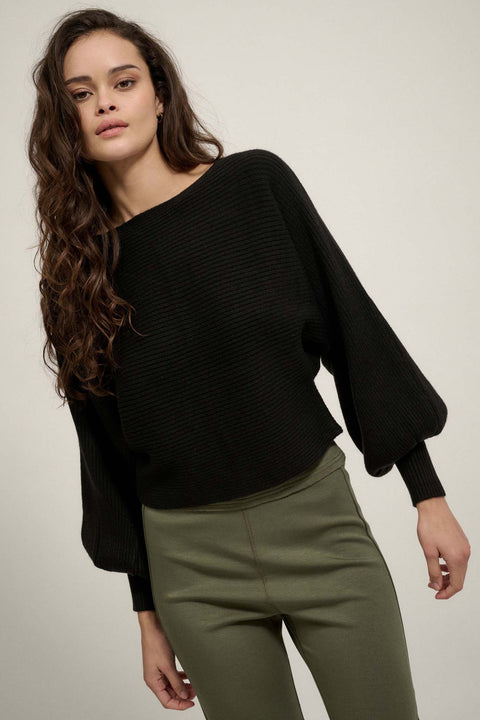 Fine Lines Cropped Rib-Knit Boatneck Sweater