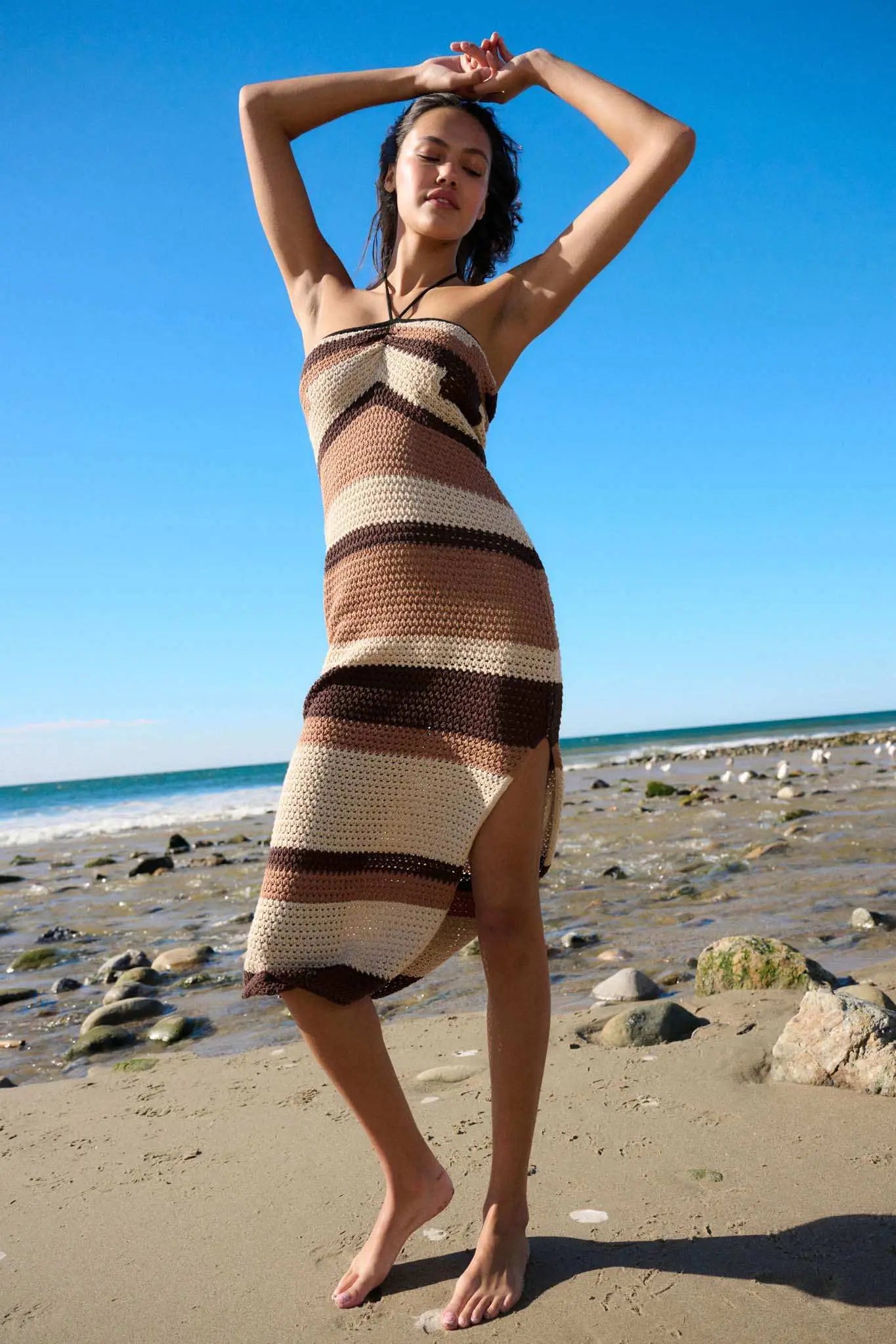 striped crochet dress Desert Days Striped Crochet Halter Tube Dress Oatmeal & Taupe / S
