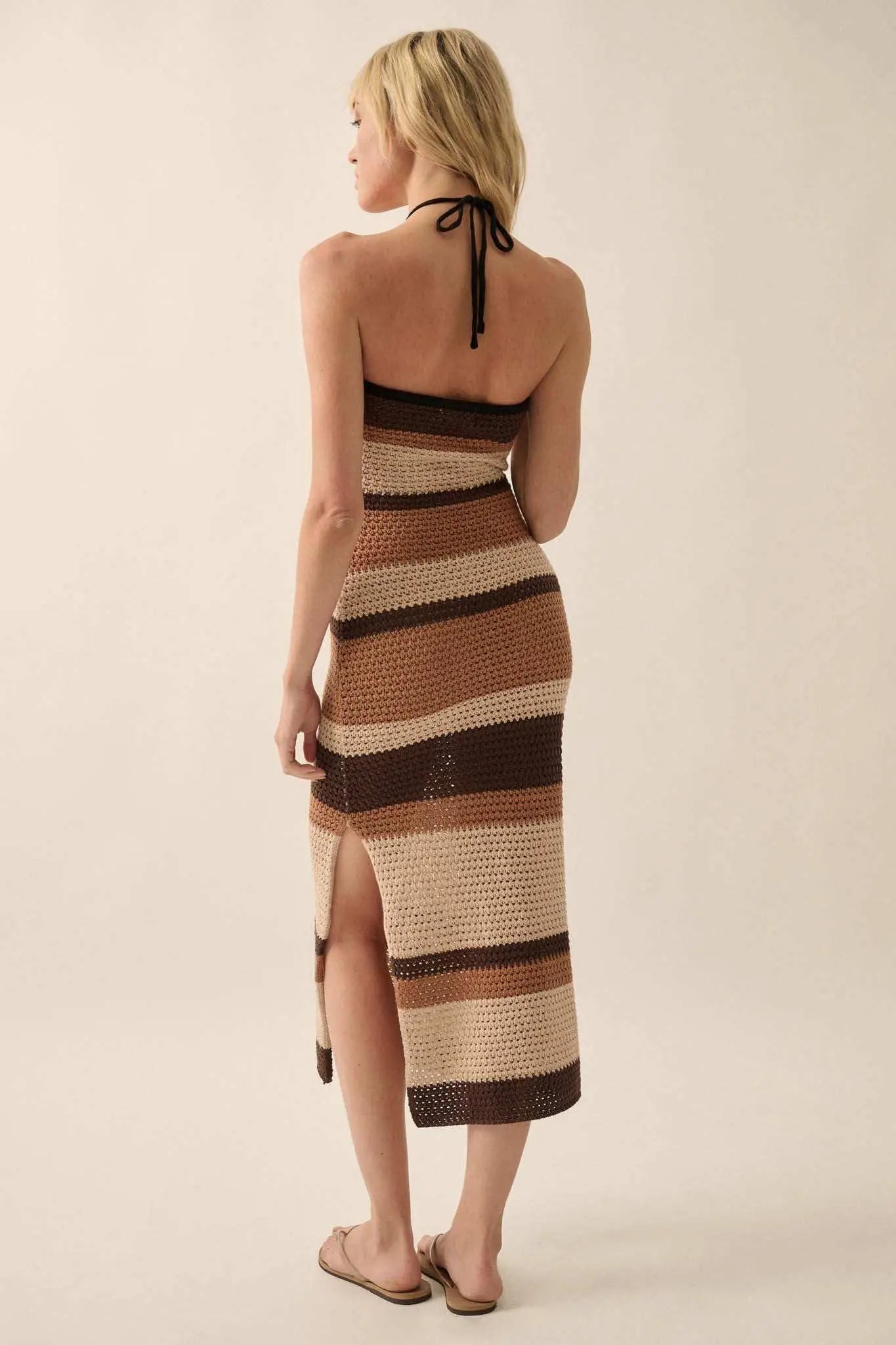 Desert Days Striped Crochet Halter Tube Dress Oatmeal & Taupe / S Desert Days Striped Crochet Halter Tube Dress Oatmeal & Taupe / S