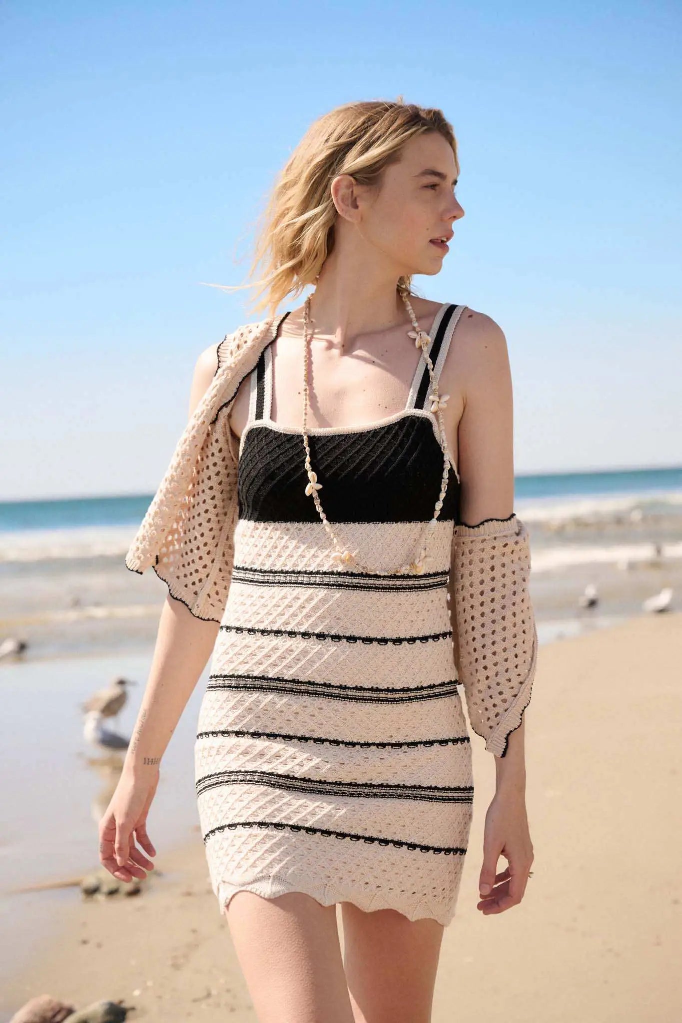 Cali Breeze Striped Crochet Knit Mini Dress Oatmeal & Black / M Cali Breeze Striped Crochet Knit Mini Dress Oatmeal & Black / M