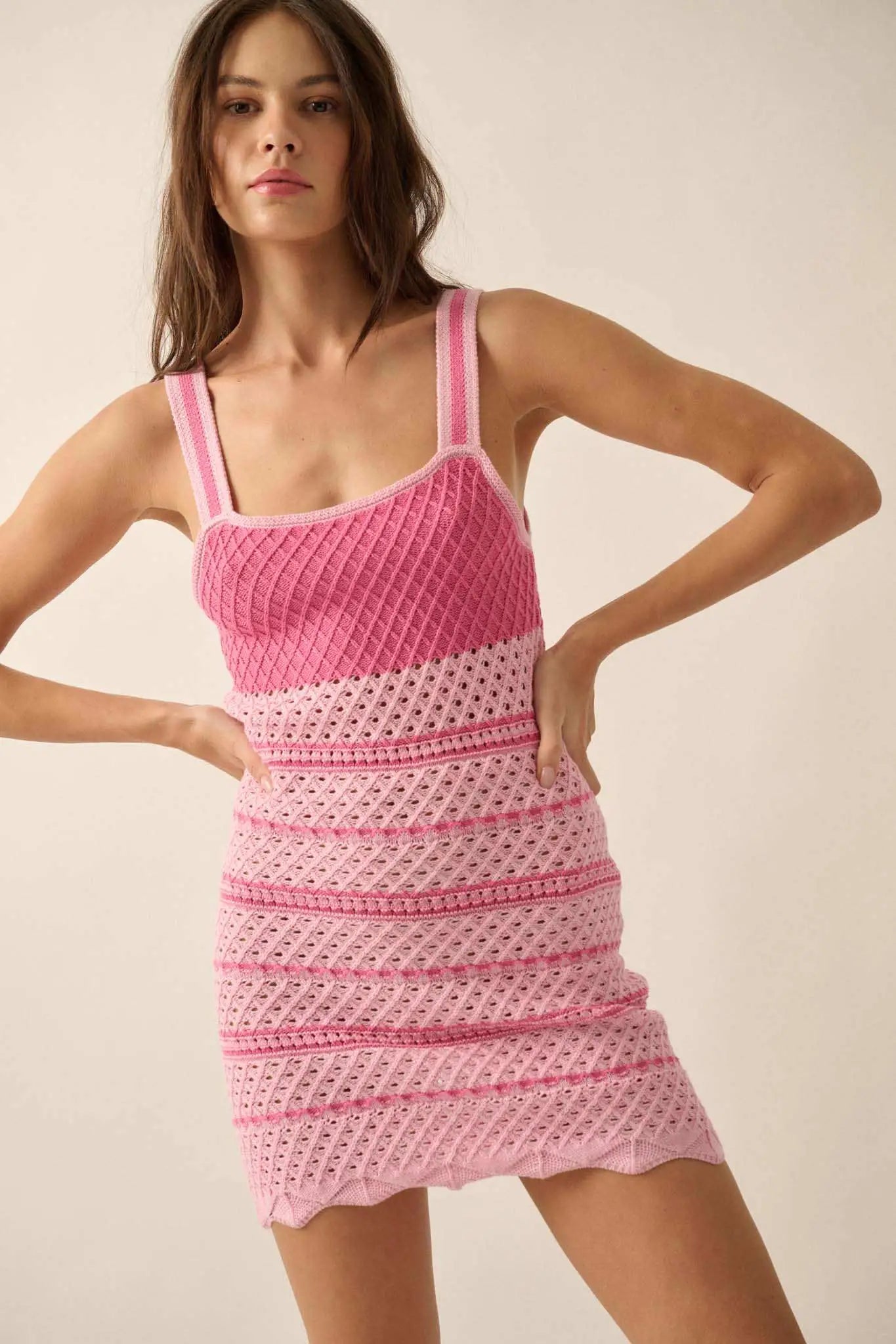 Cali Breeze Striped Crochet Knit Mini Dress, Soft Pink / M Cali Breeze Striped Crochet Knit Mini Dress, Soft Pink / M