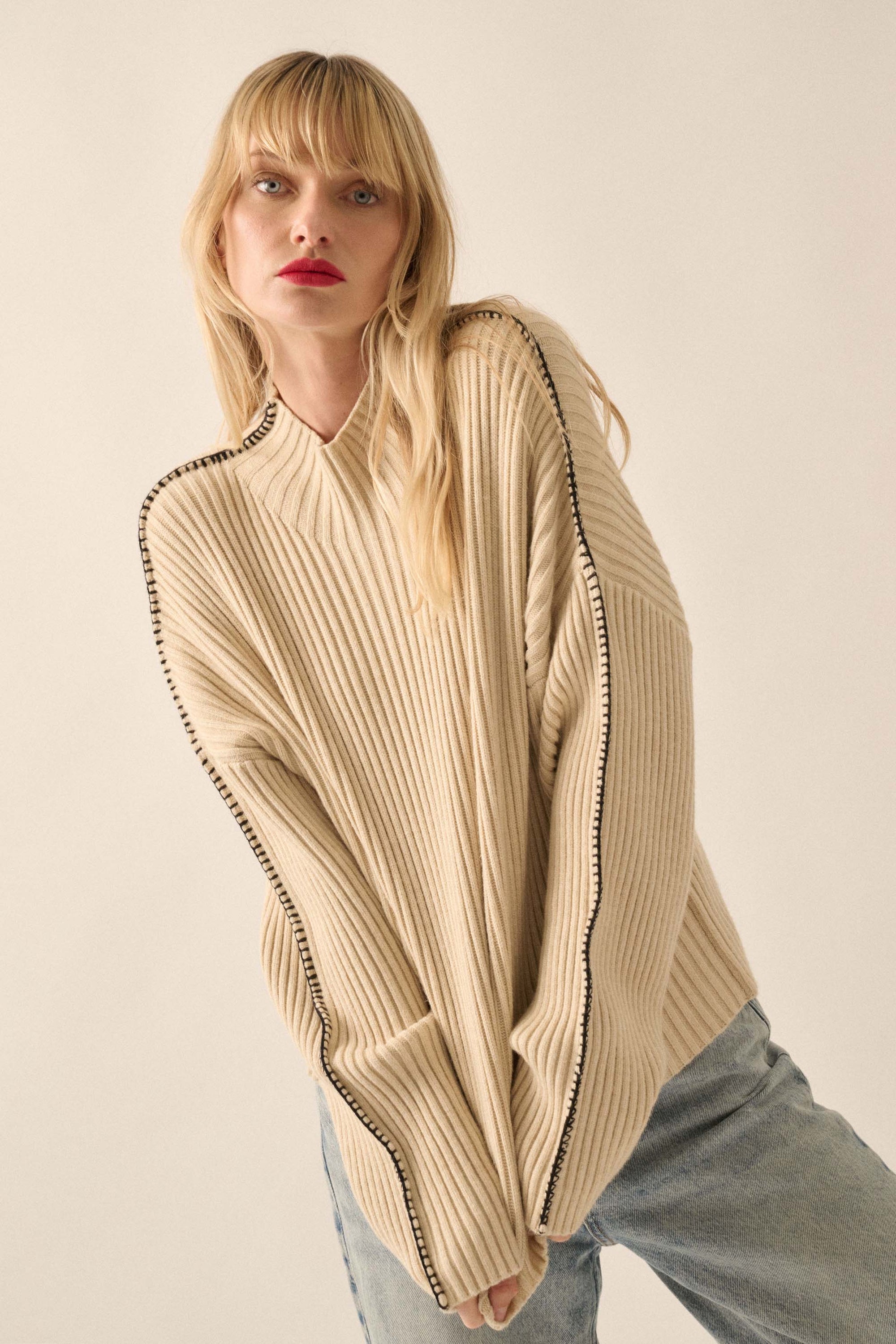 Stitch It Up Ribbed Knit Exposed-Seam Sweater - ShopPromesa