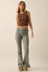 Shaper Fit Cropped Rib-Knit Sleeveless Henley Top - ShopPromesa