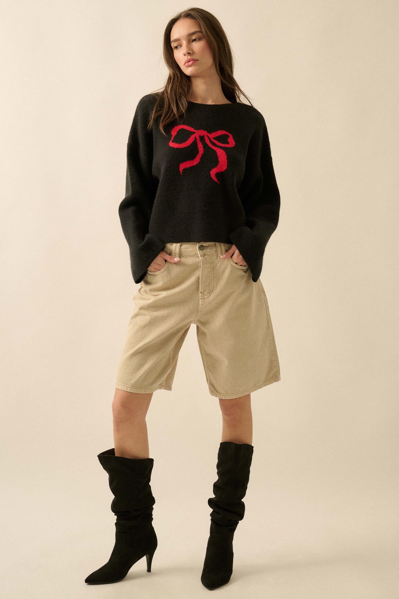 Let It Bow Exposed-Seam Bow Jacquard Knit Sweater