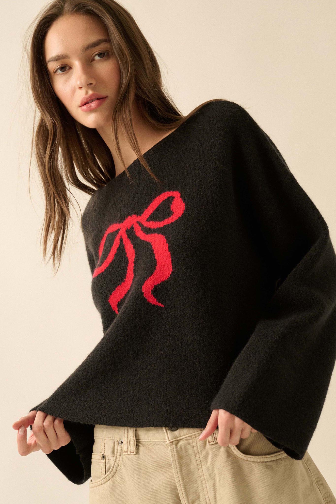Let It Bow Exposed-Seam Bow Jacquard Knit Sweater