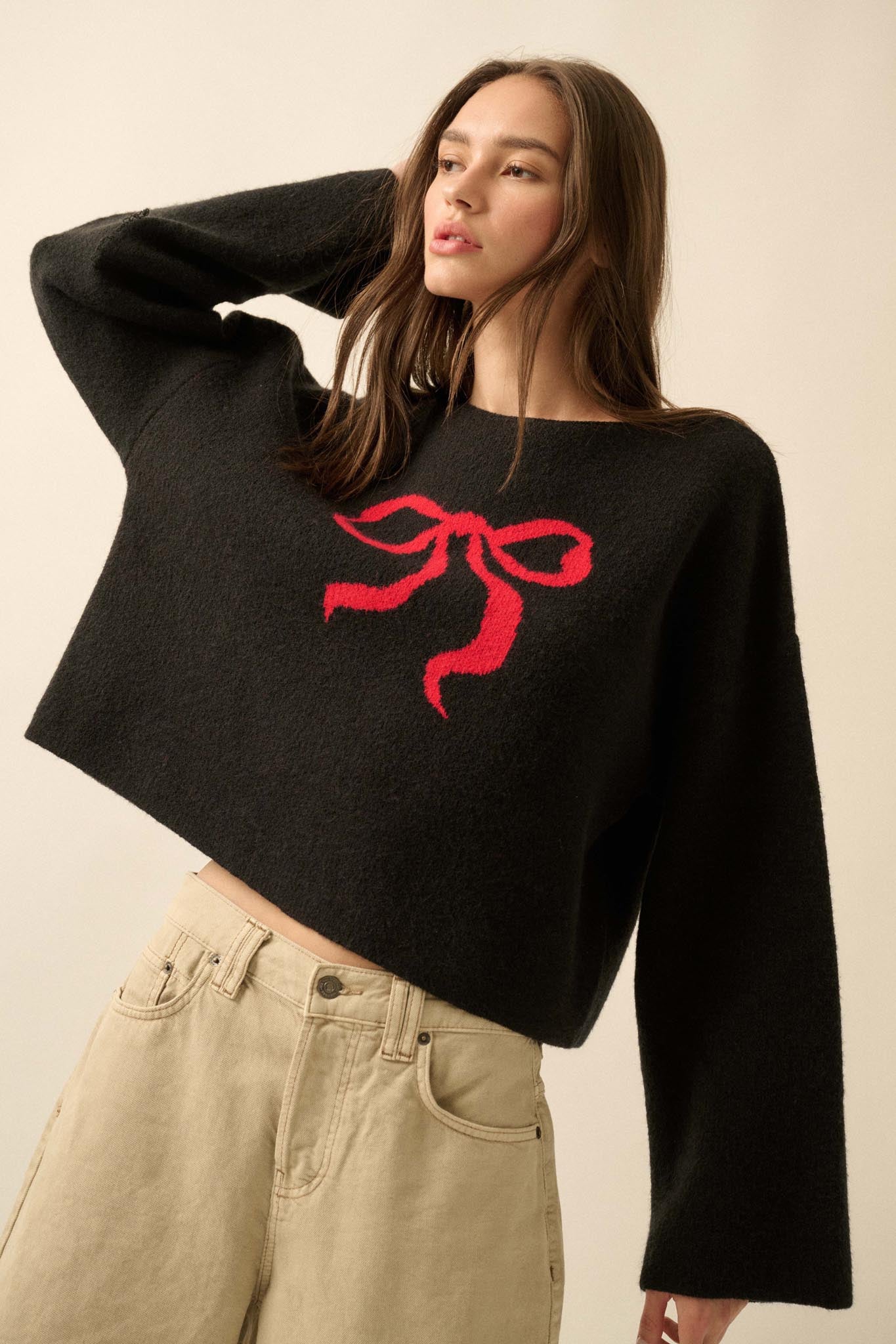 Let It Bow Exposed-Seam Bow Jacquard Knit Sweater