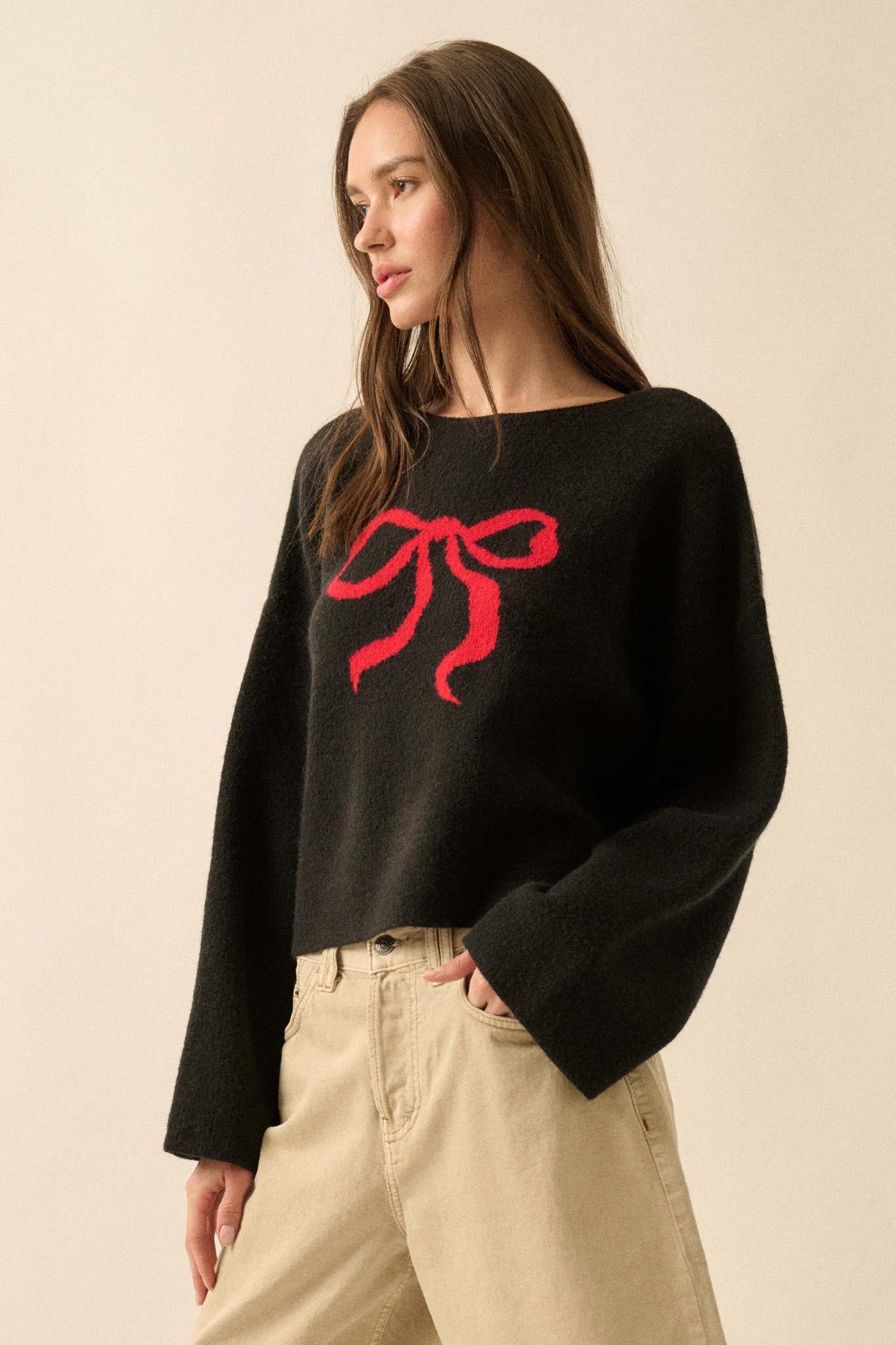 Let It Bow Exposed-Seam Bow Jacquard Knit Sweater