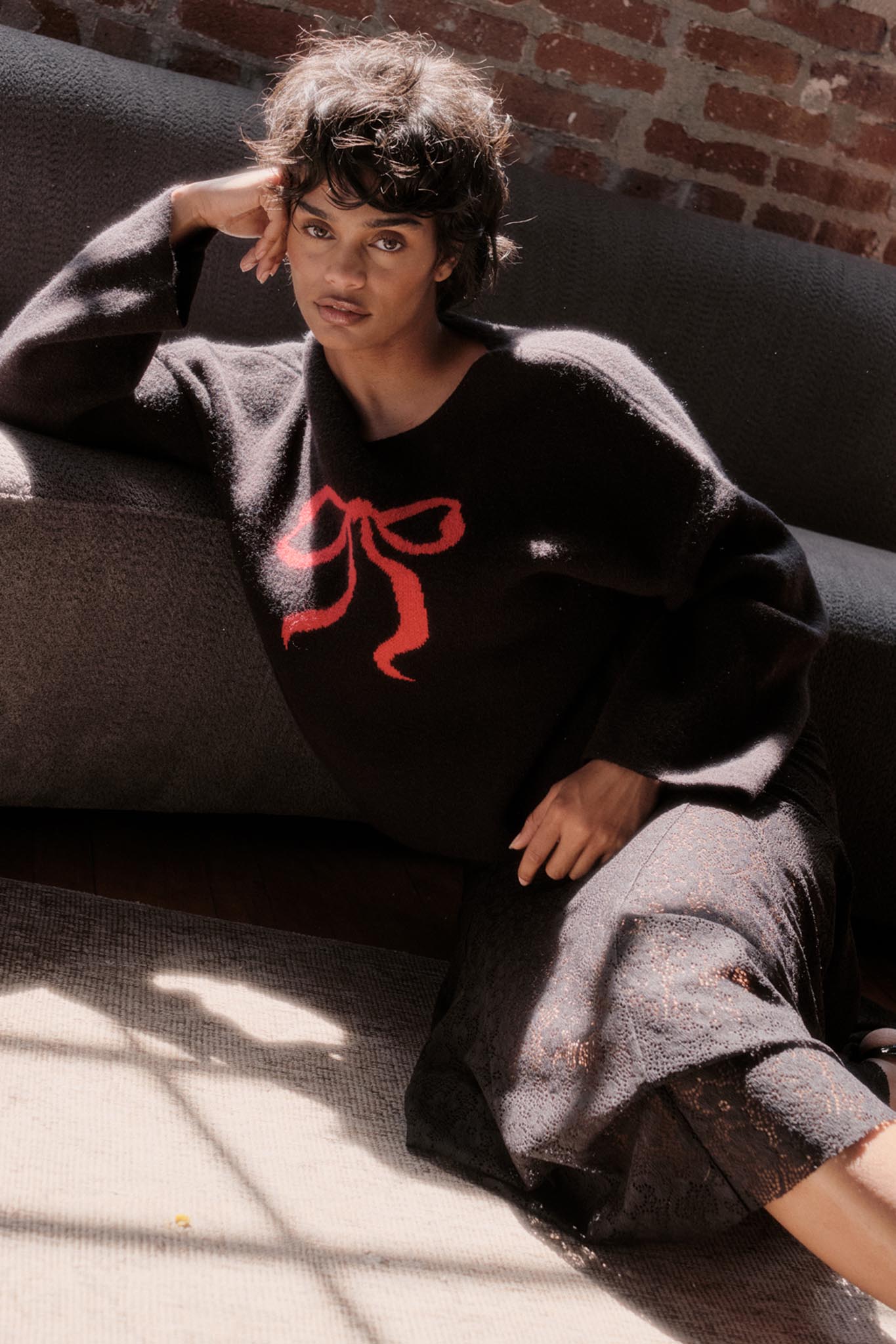 Let It Bow Exposed-Seam Bow Jacquard Knit Sweater