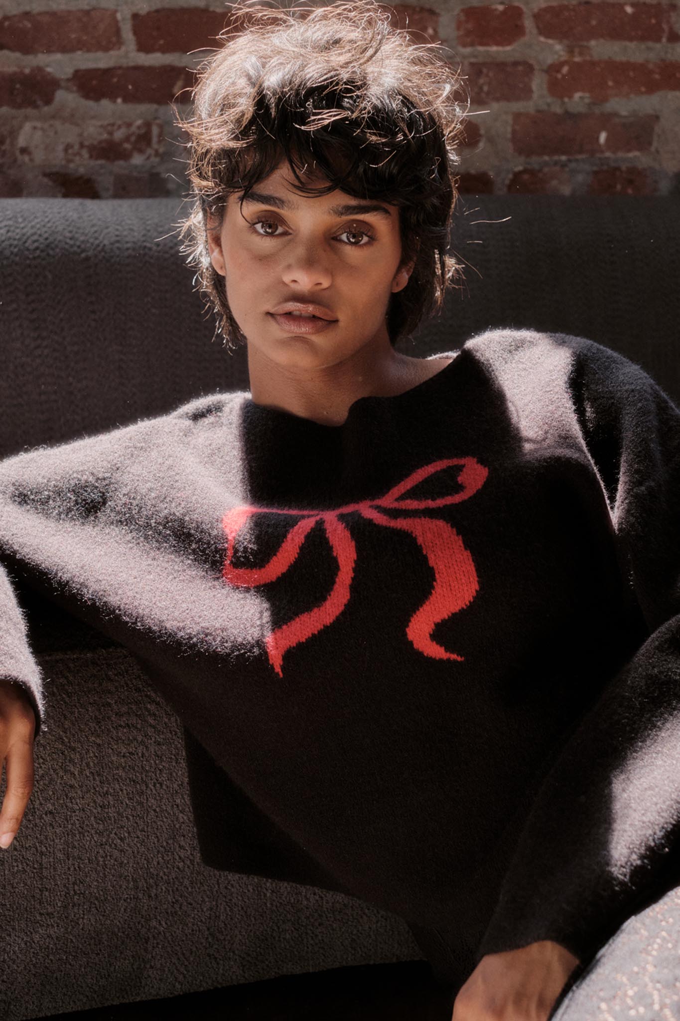 Let It Bow Exposed-Seam Bow Jacquard Knit Sweater