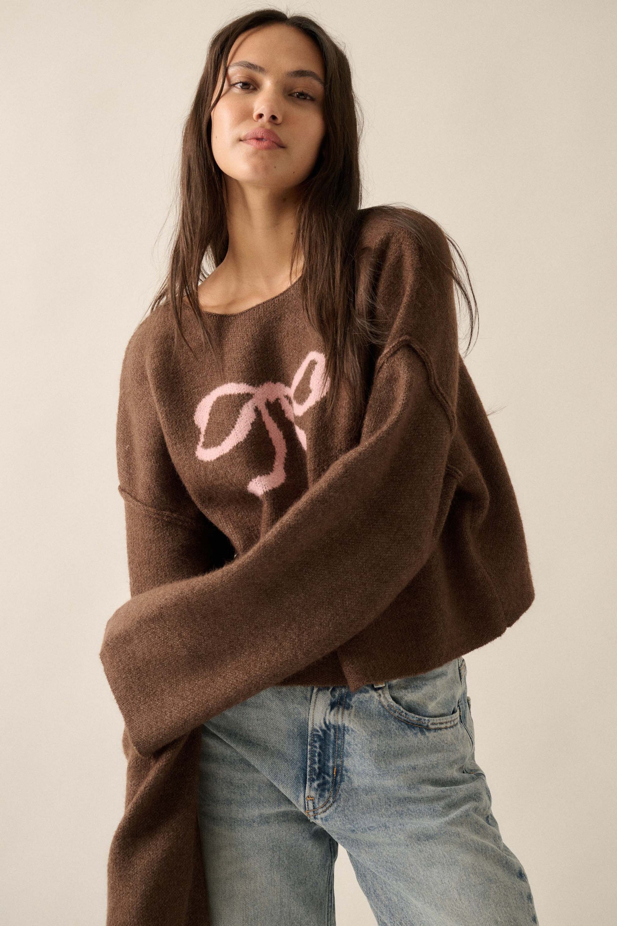 Let It Bow Exposed-Seam Bow Jacquard Knit Sweater - ShopPromesa