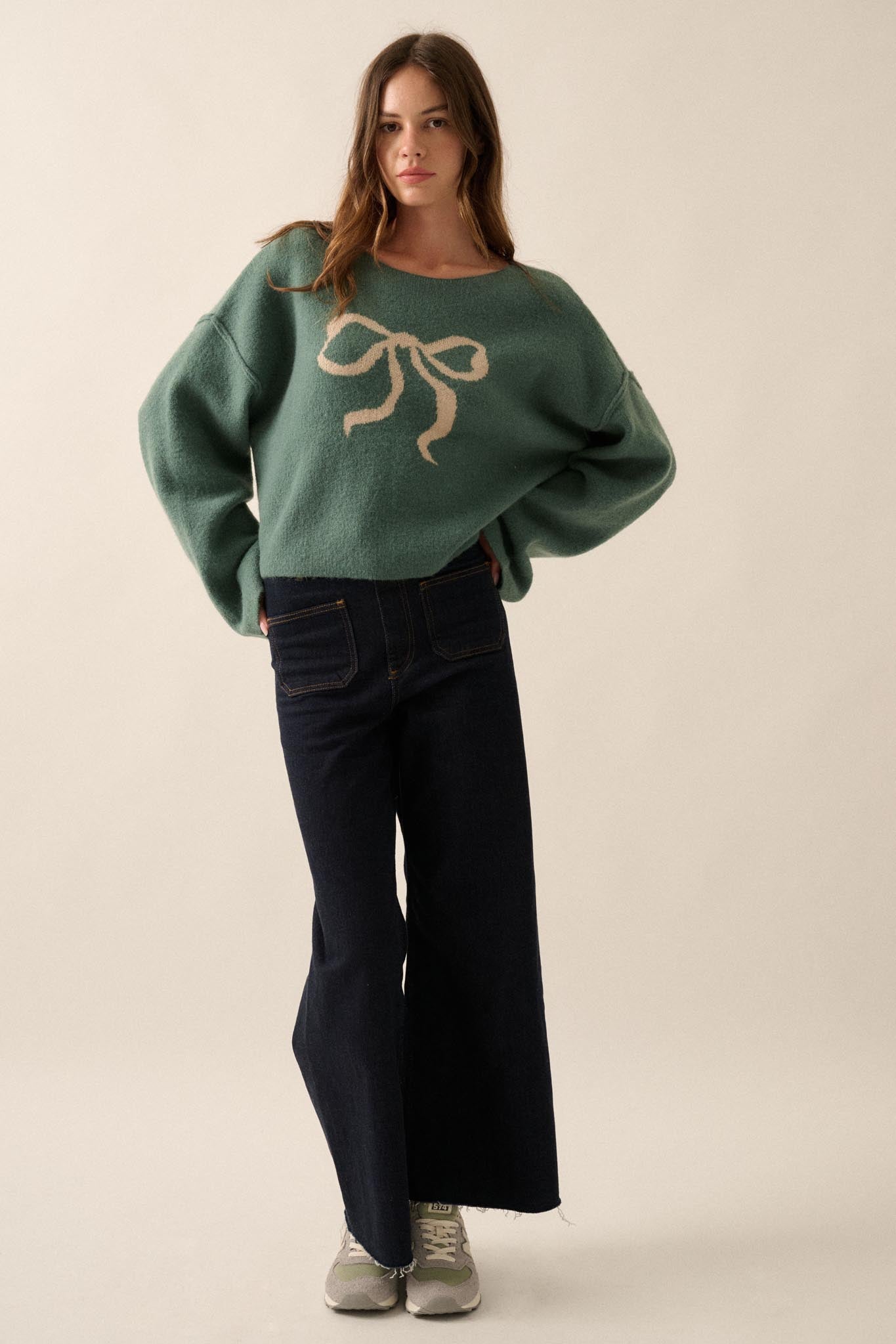 Let It Bow Exposed-Seam Bow Jacquard Knit Sweater