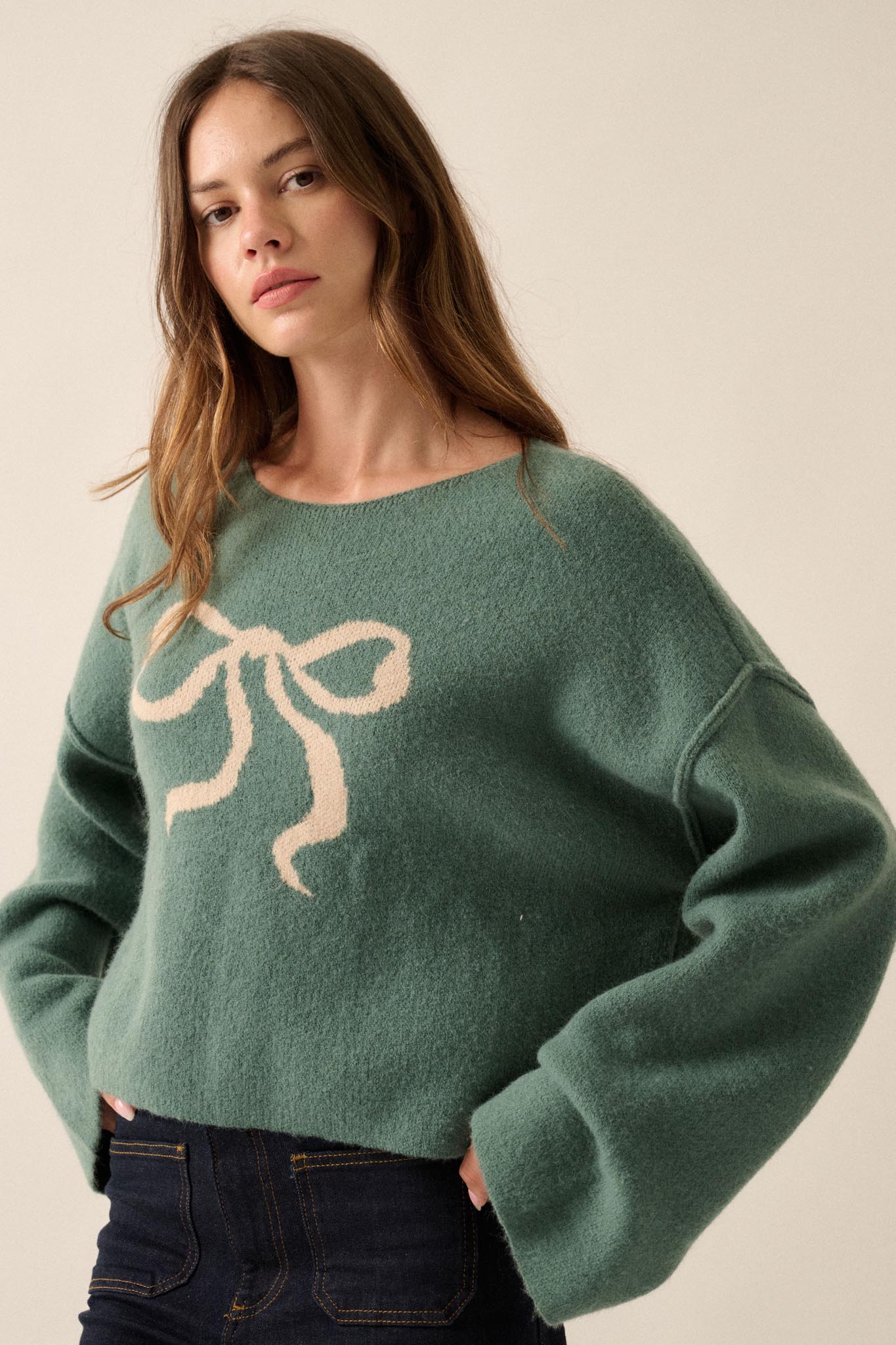 Let It Bow Exposed-Seam Bow Jacquard Knit Sweater