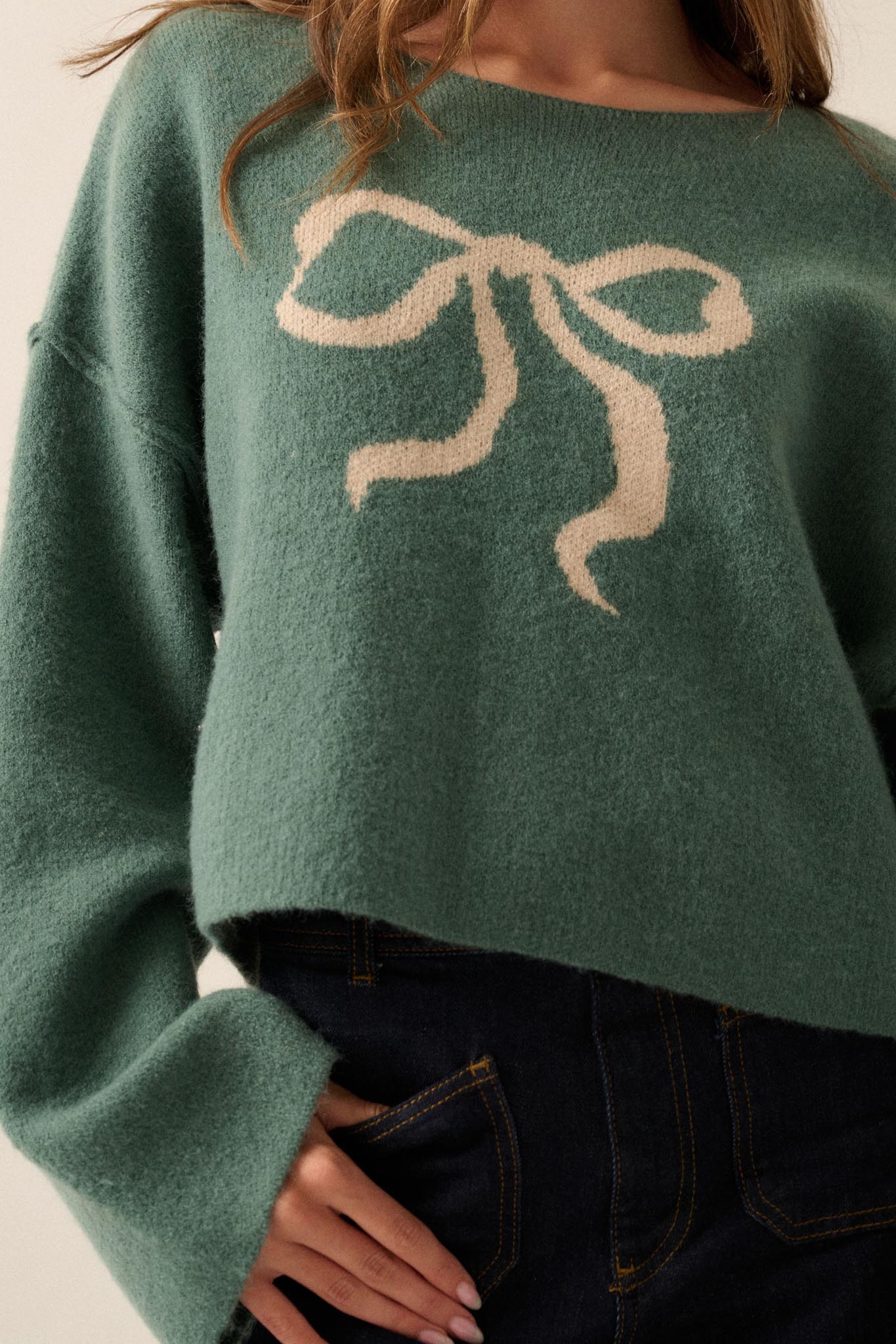 Let It Bow Exposed-Seam Bow Jacquard Knit Sweater