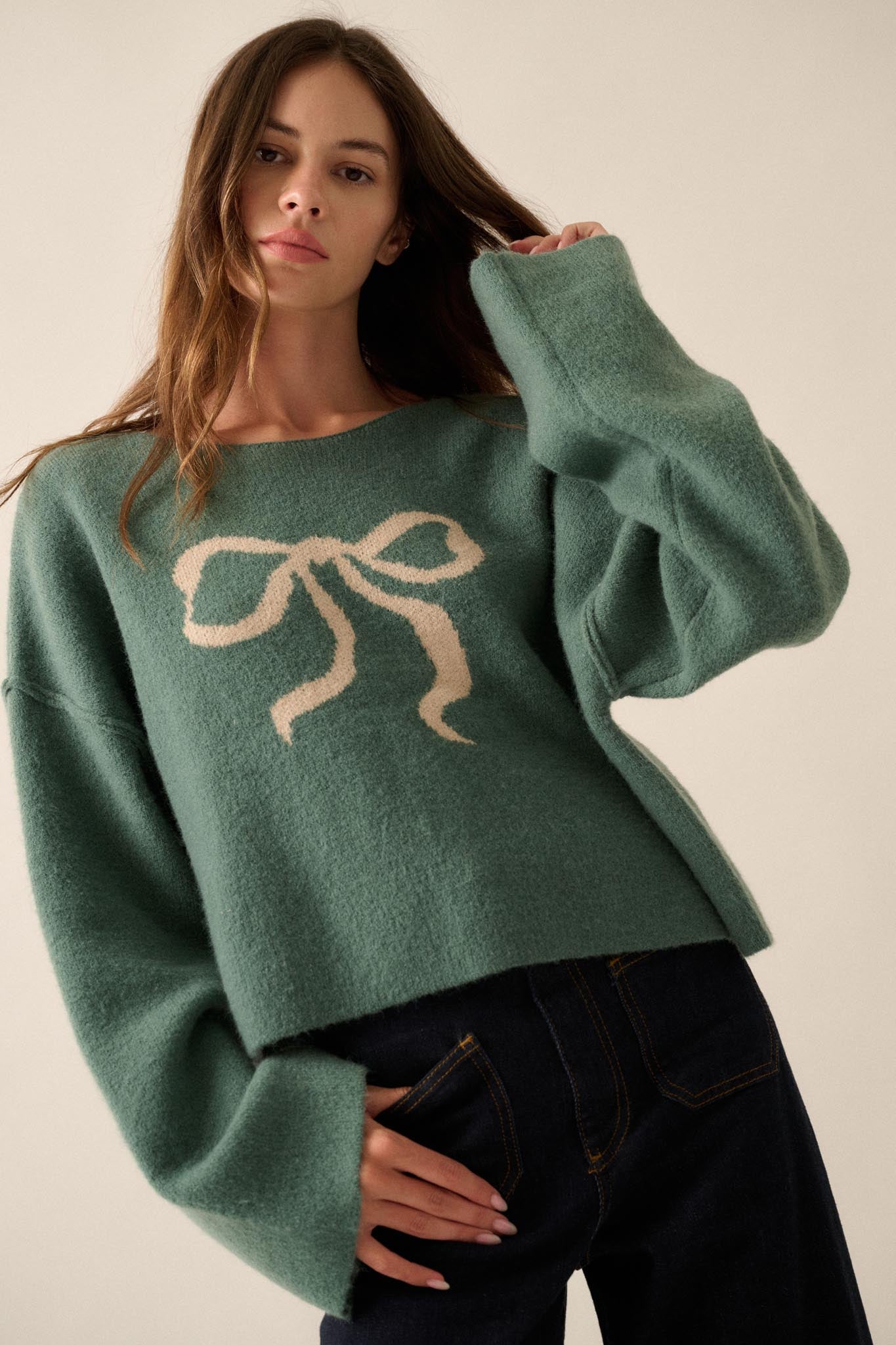 Let It Bow Exposed-Seam Bow Jacquard Knit Sweater