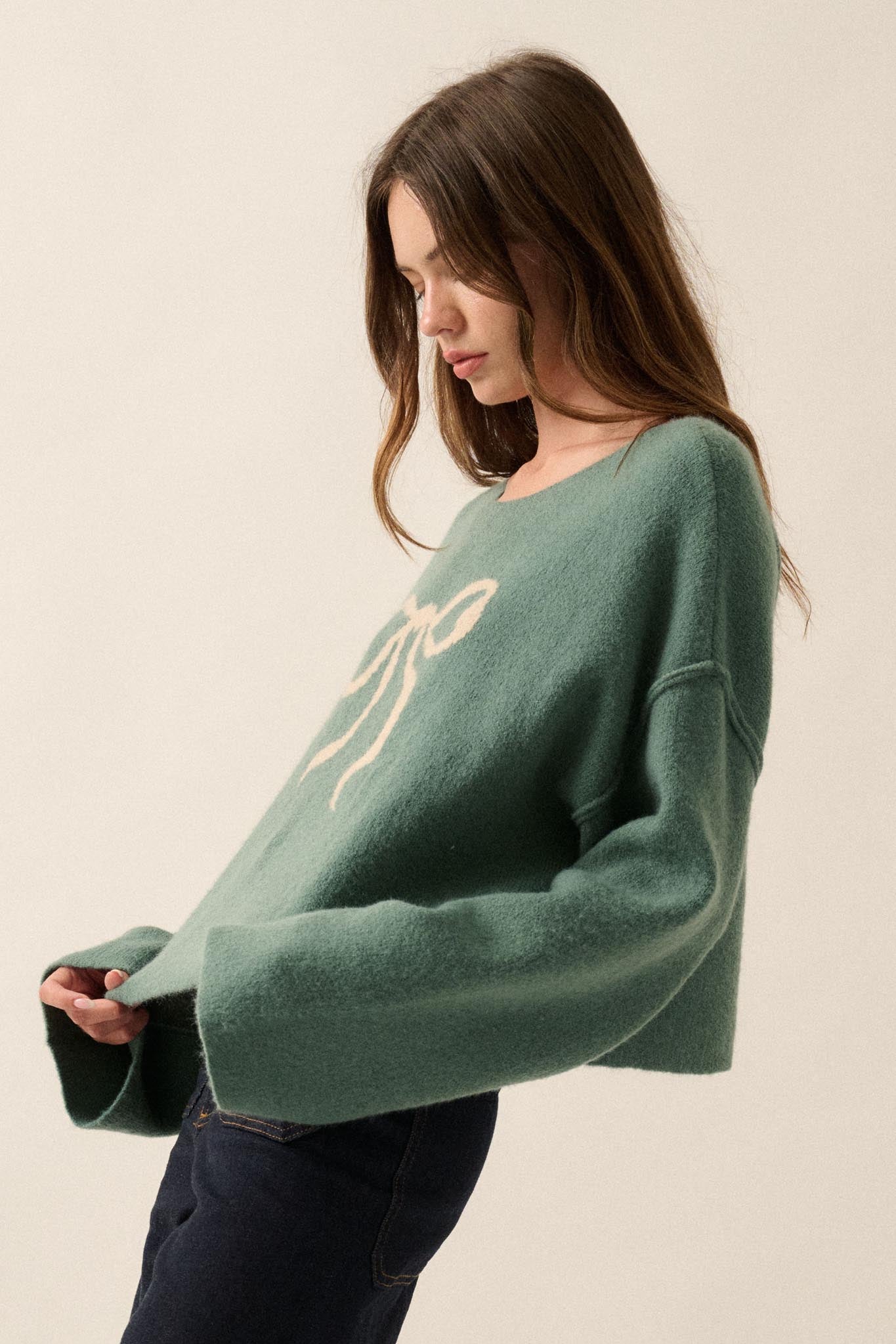 Let It Bow Exposed-Seam Bow Jacquard Knit Sweater