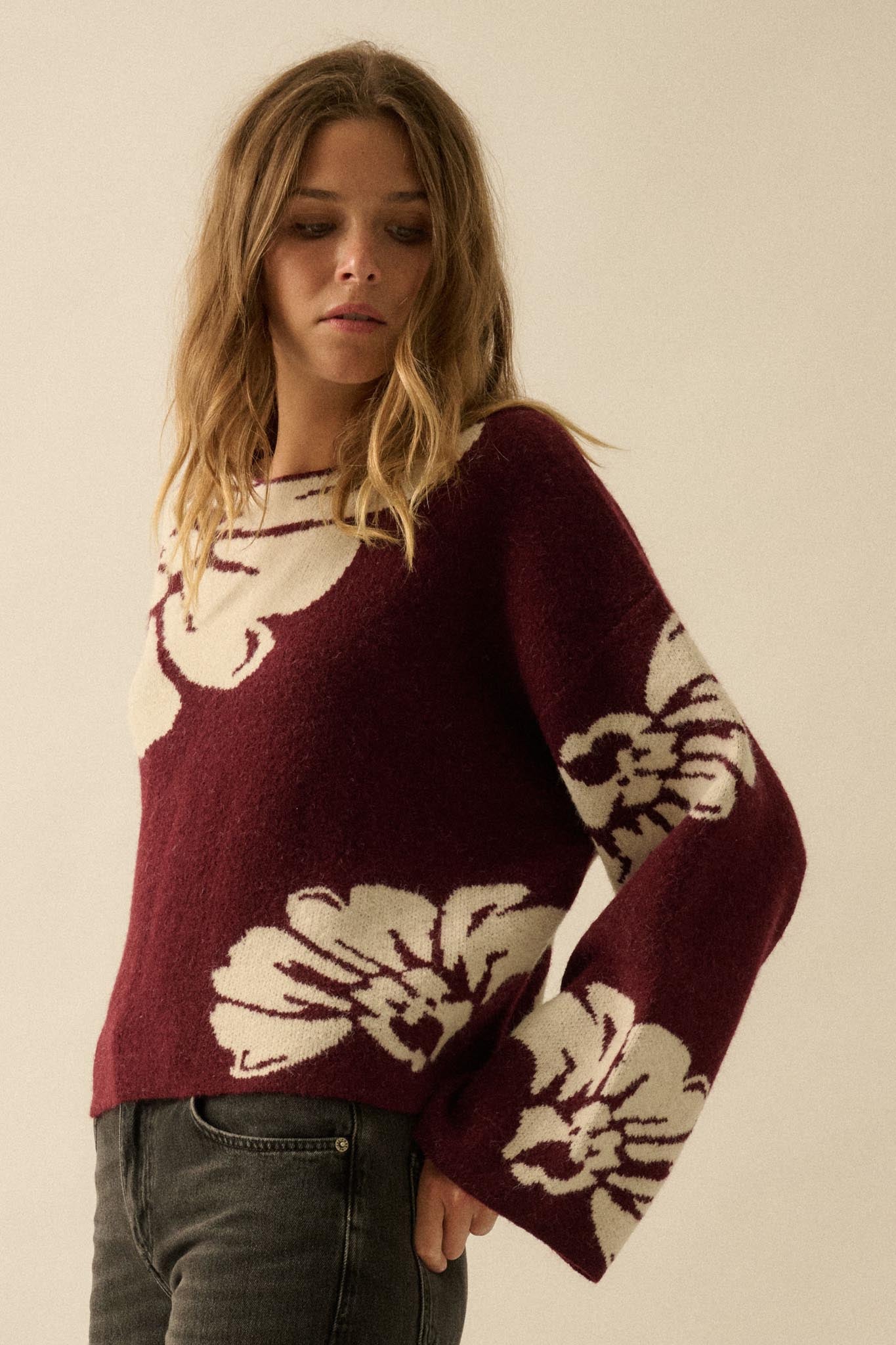 Peaceful Petals Floral Jacquard-Knit Sweater - ShopPromesa