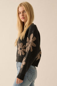 Fuzzy Flowers Floral Chenille Jacquard Sweater - ShopPromesa