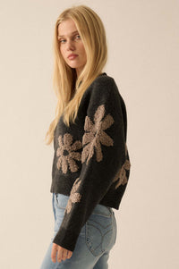 Fuzzy Flowers Floral Chenille Jacquard Sweater - ShopPromesa