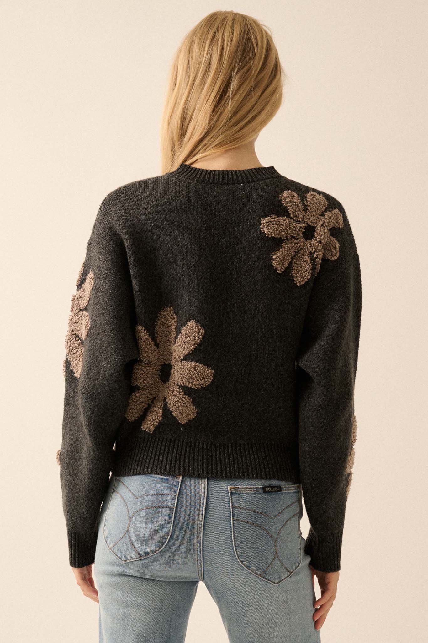 Fuzzy Flowers Floral Chenille Jacquard Sweater - ShopPromesa