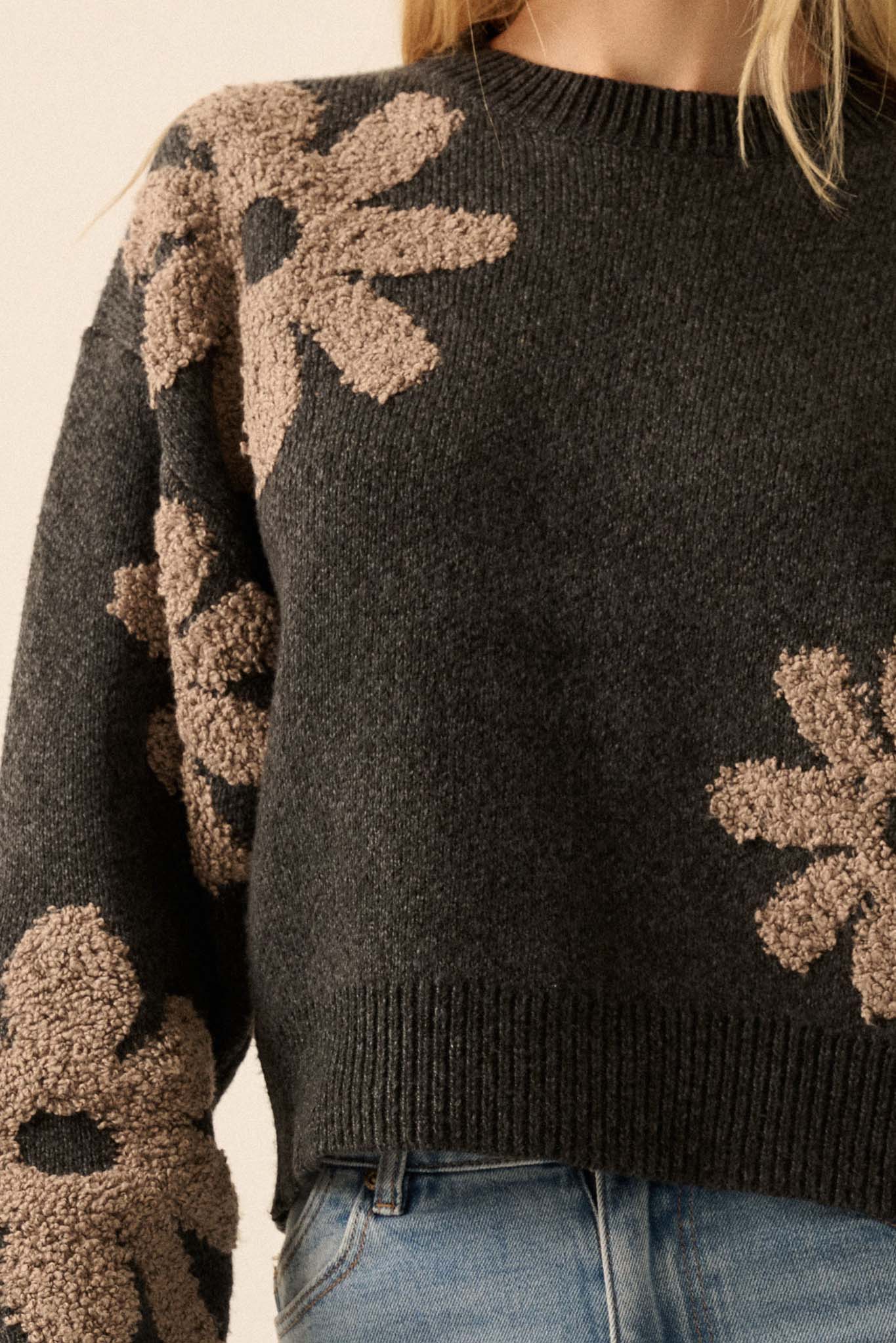 Fuzzy Flowers Floral Chenille Jacquard Sweater - ShopPromesa