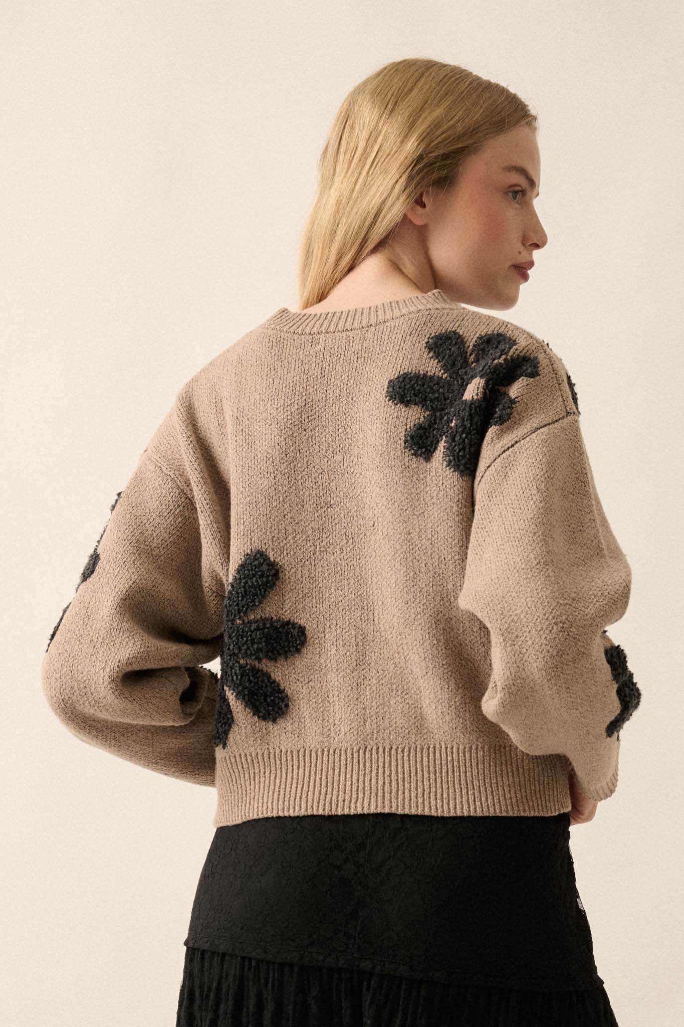 Fuzzy Flowers Floral Chenille Jacquard Sweater - ShopPromesa