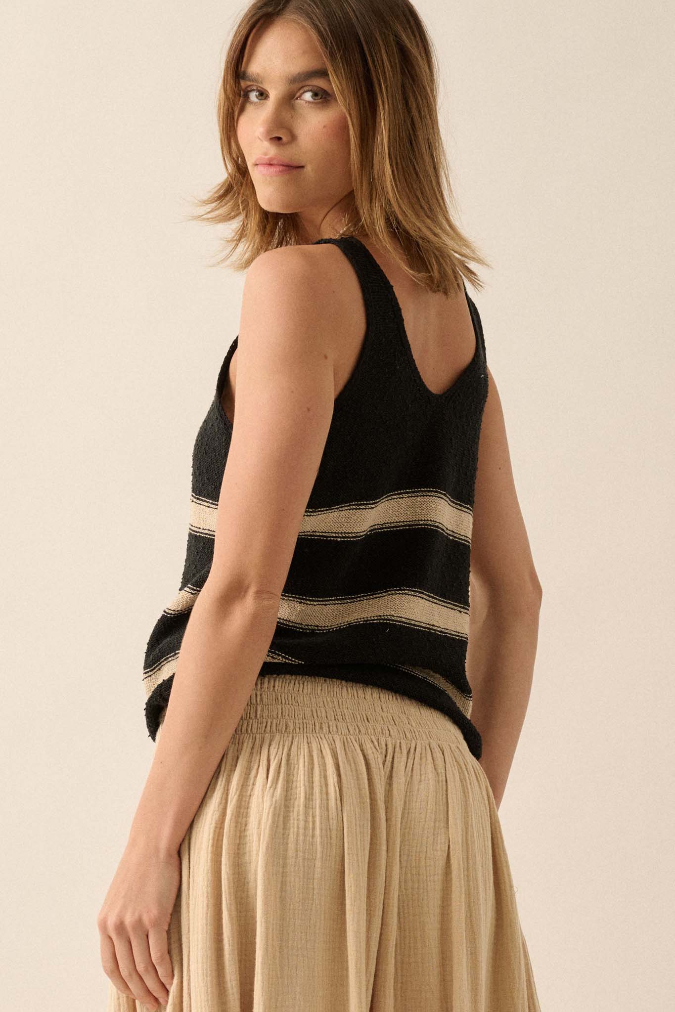 Time Flies Striped Textured Knit Sweater Tank Top - ShopPromesa