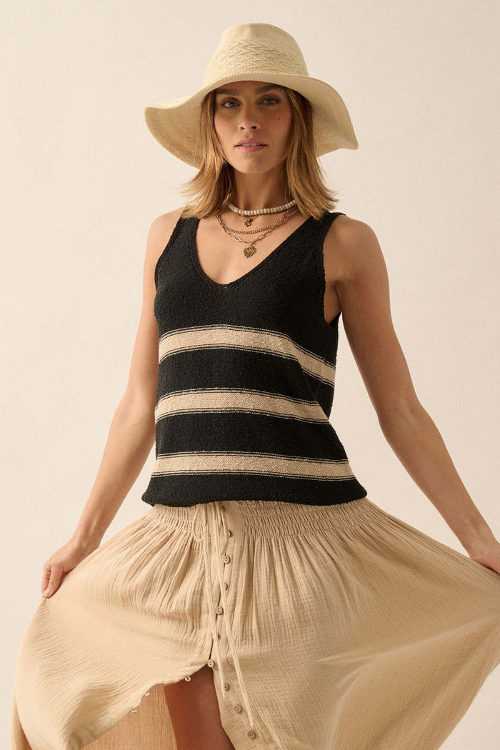 Time Flies Striped Textured Knit Sweater Tank Top - ShopPromesa