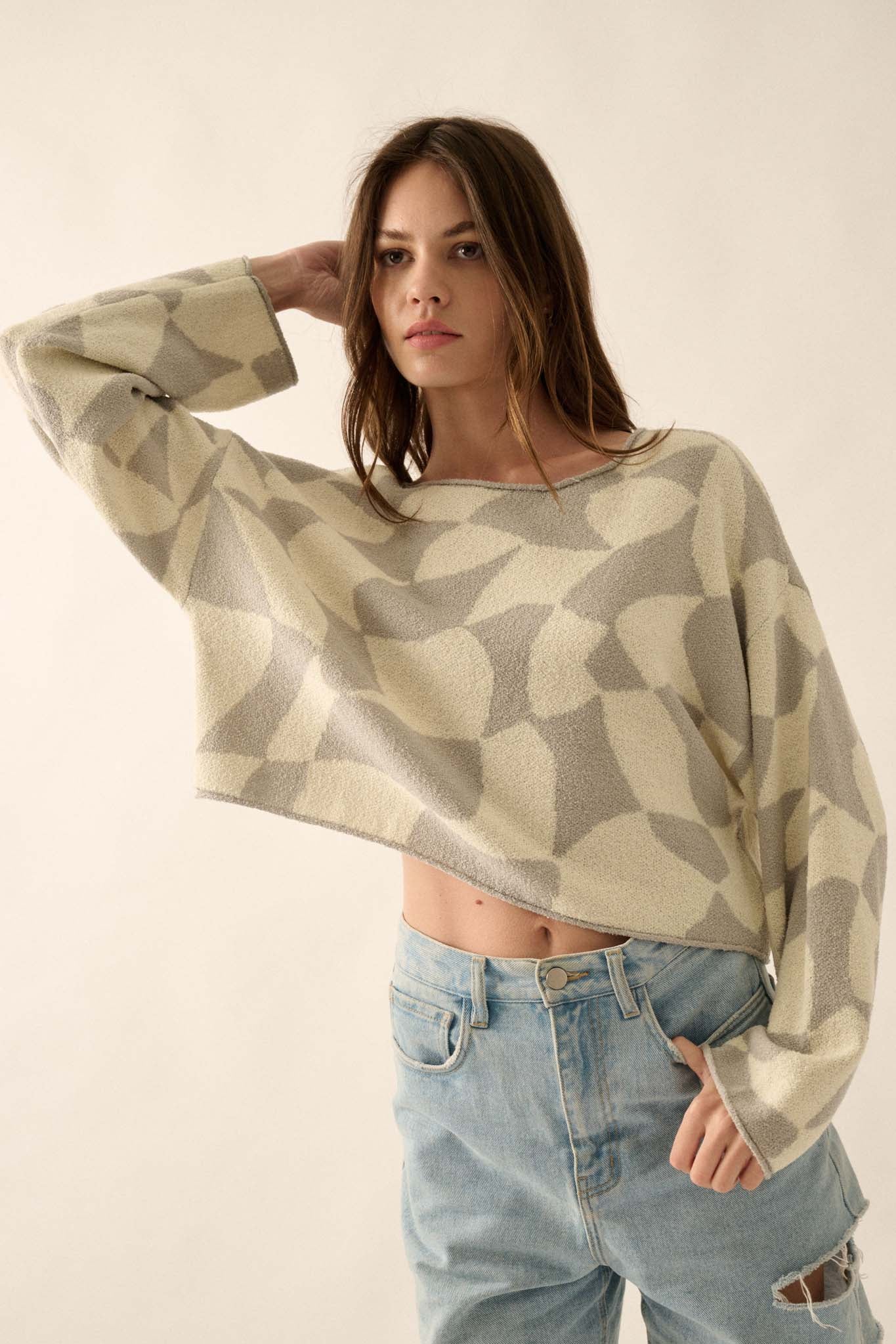 Nice Move Abstract Checkerboard Cropped Sweater