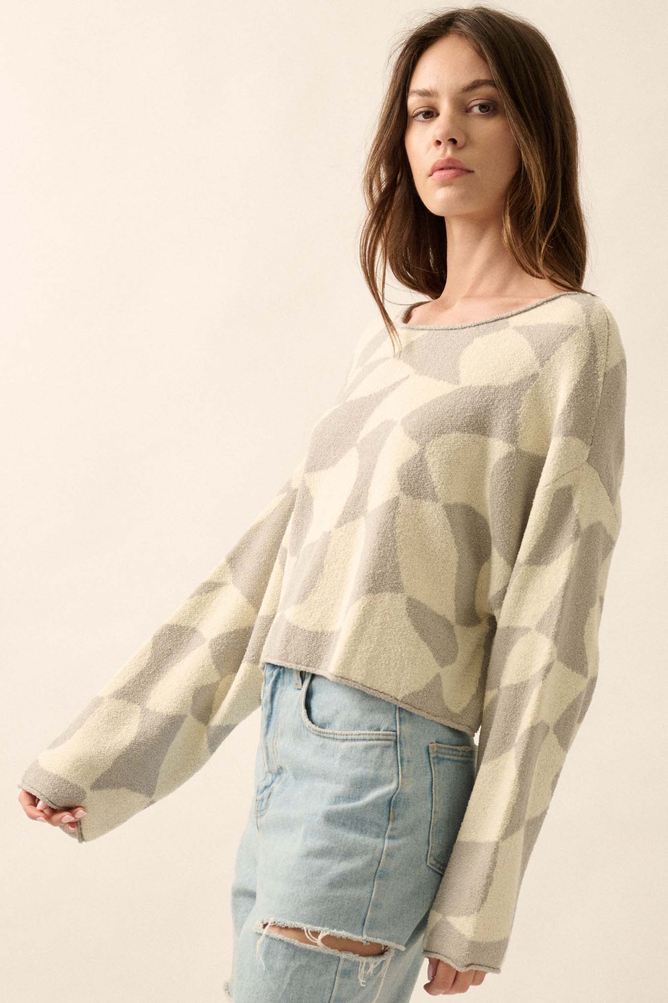 Nice Move Abstract Checkerboard Cropped Sweater