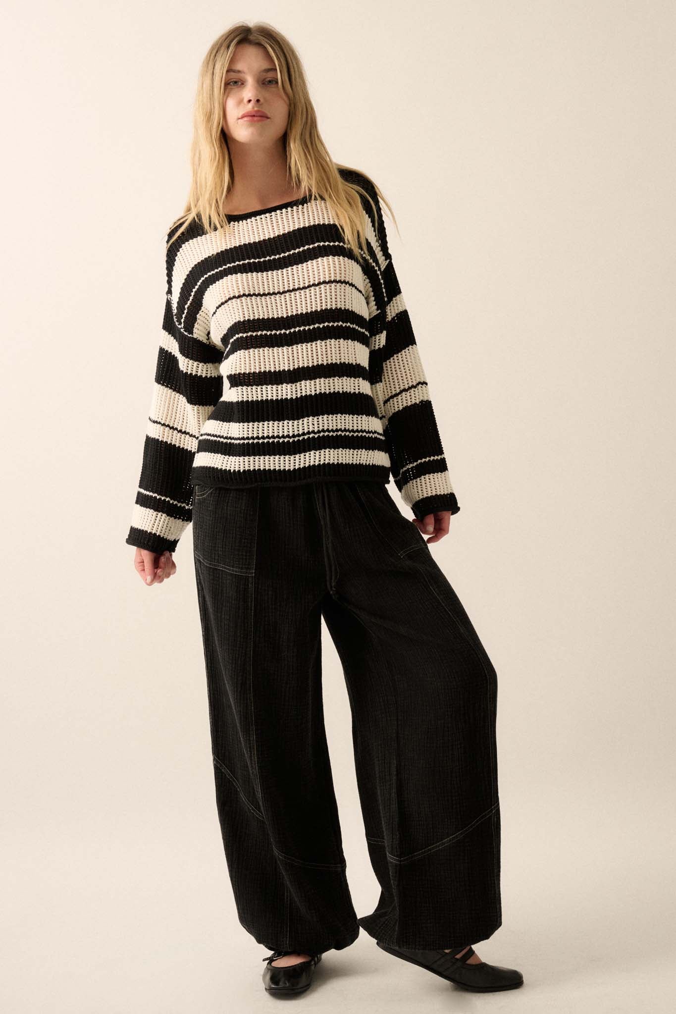 Knitty Gritty Striped Crochet Knit Sweater