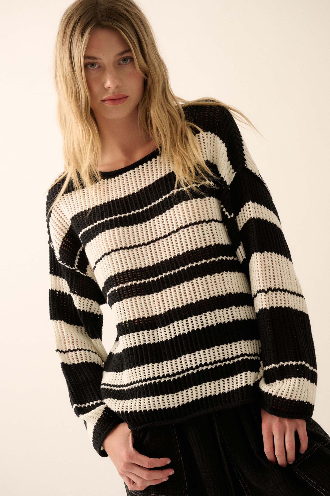 Knitty Gritty Striped Crochet Knit Sweater