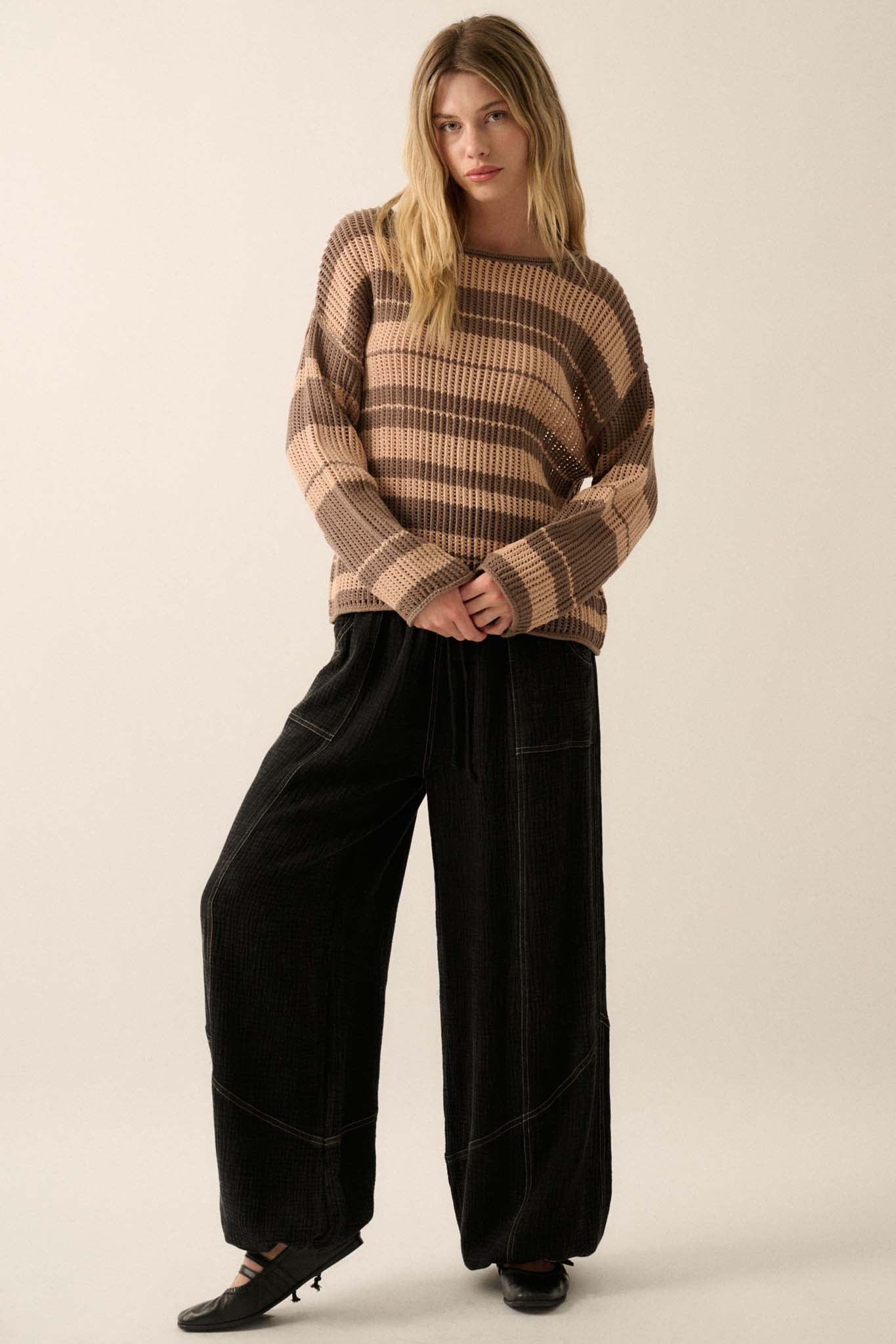 Knitty Gritty Striped Crochet Knit Sweater