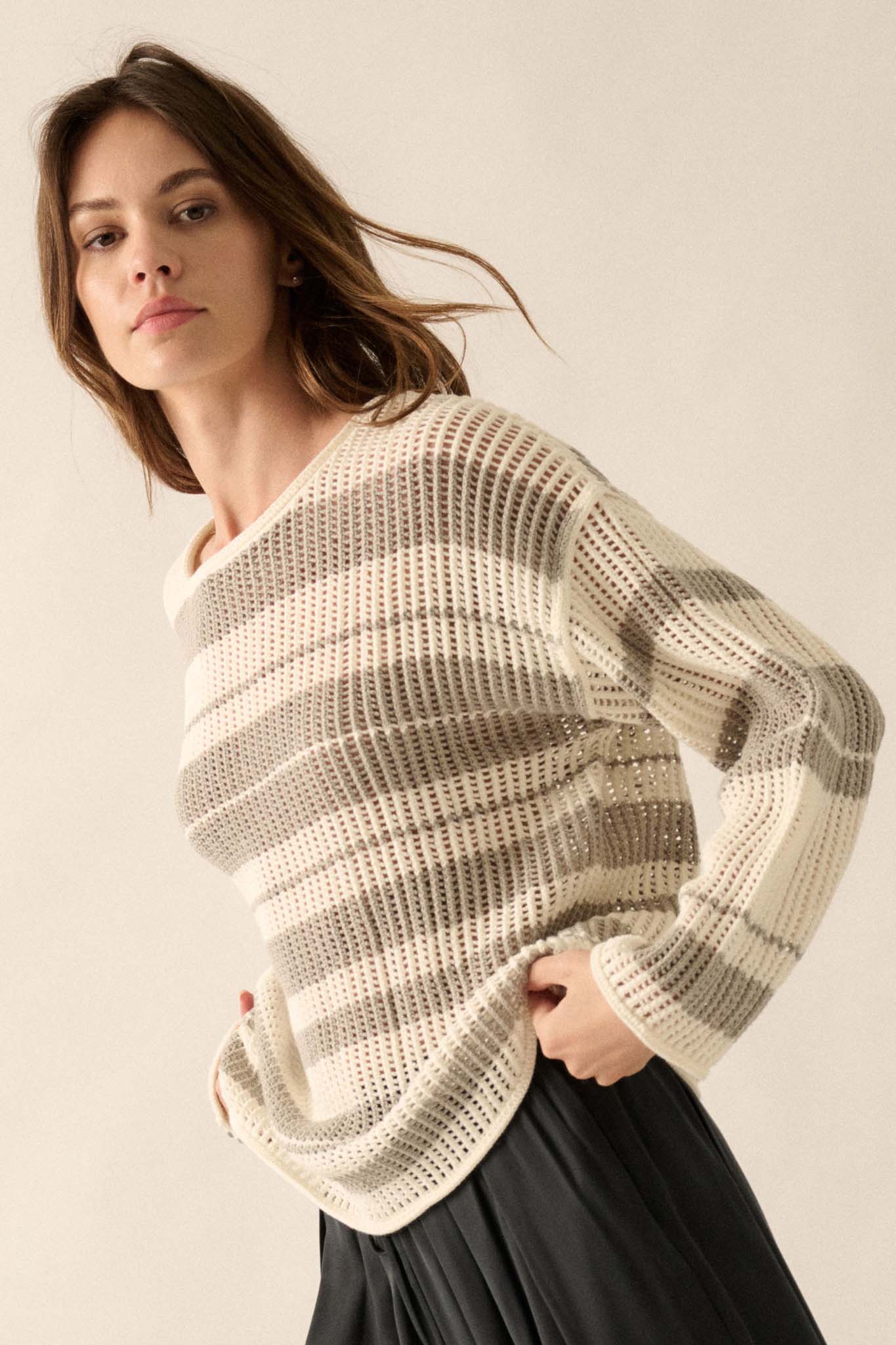 Knitty Gritty Striped Crochet Knit Sweater