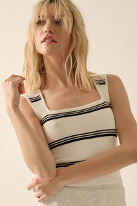 Shaper Fit Striped Rib-Knit Square Neck Tank Top - ShopPromesa