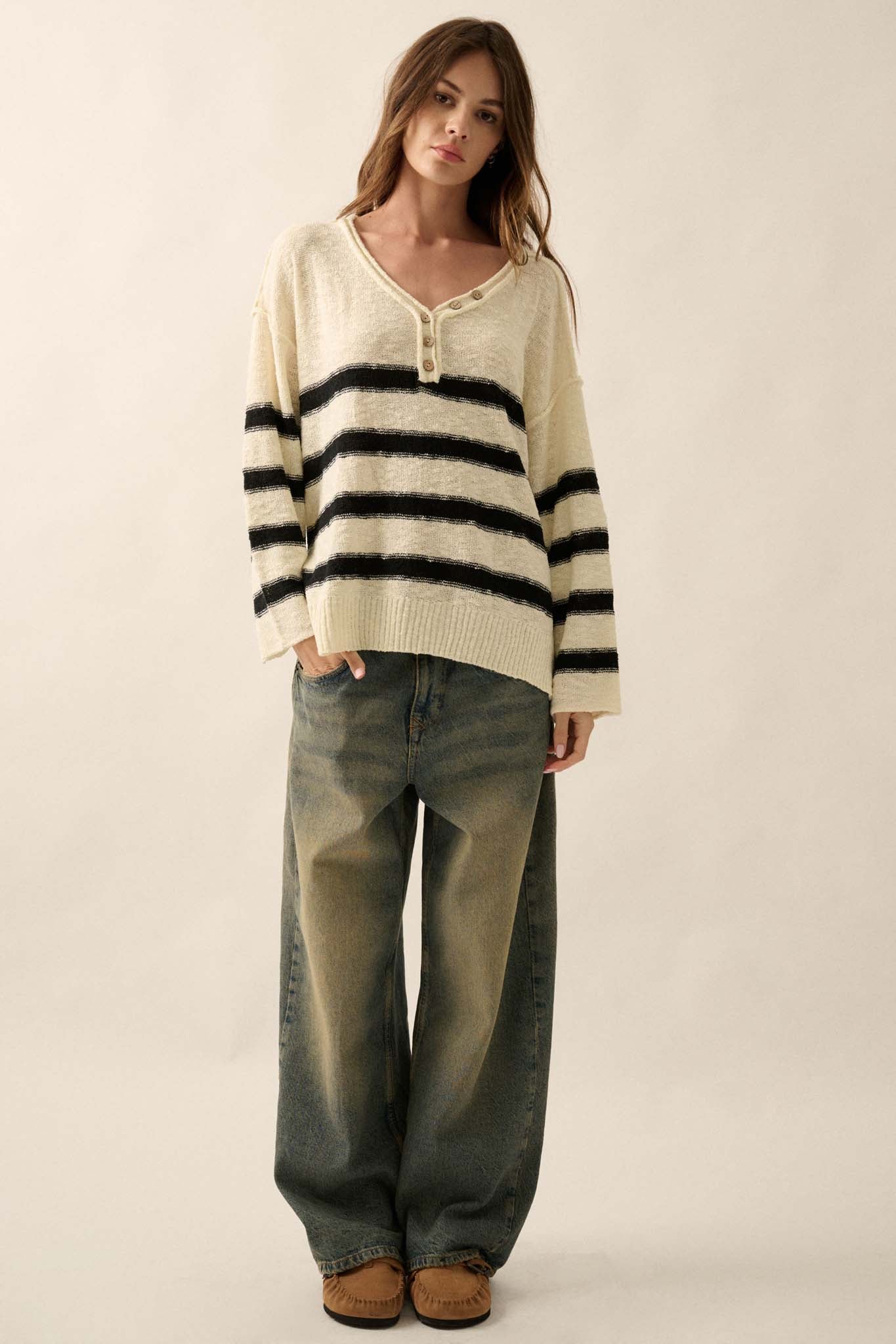 Winning Streak Loose-Fit Striped Henley Sweater - ShopPromesa