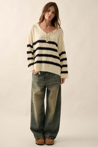 Winning Streak Loose-Fit Striped Henley Sweater - ShopPromesa