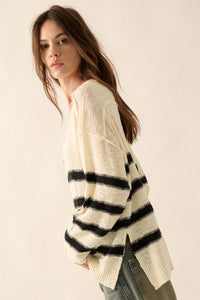 Winning Streak Loose-Fit Striped Henley Sweater - ShopPromesa