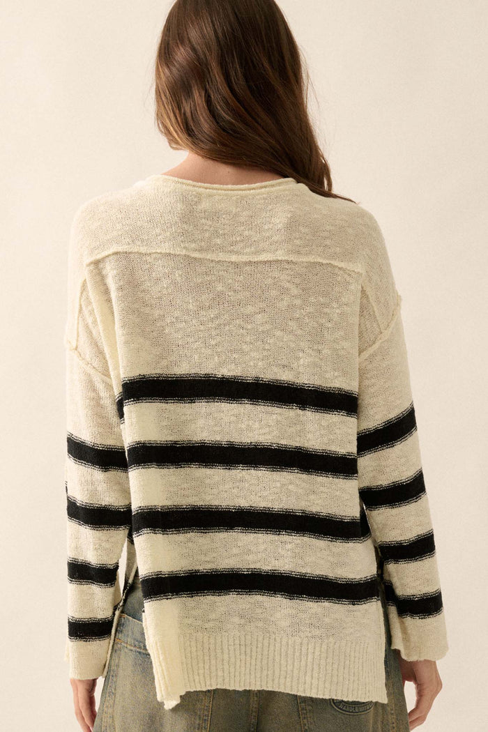 Winning Streak Loose-Fit Striped Henley Sweater - ShopPromesa