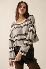 Level Best Striped Rolled-Edge Cropped Sweater - ShopPromesa