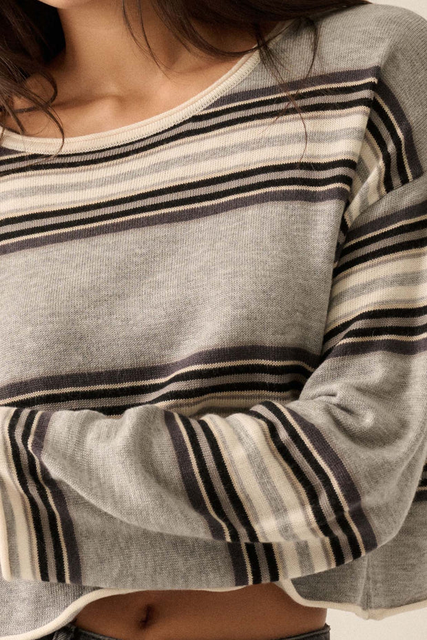 Level Best Striped Rolled-Edge Cropped Sweater - ShopPromesa